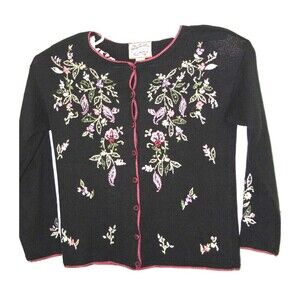 Heirloom Collectibles Womens Floral Embroidery Beaded Knitted Black Cardigan Sm